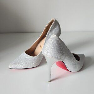 Christian Louboutin Silver Glitter Pointed-Toe Pumps with Red Soles